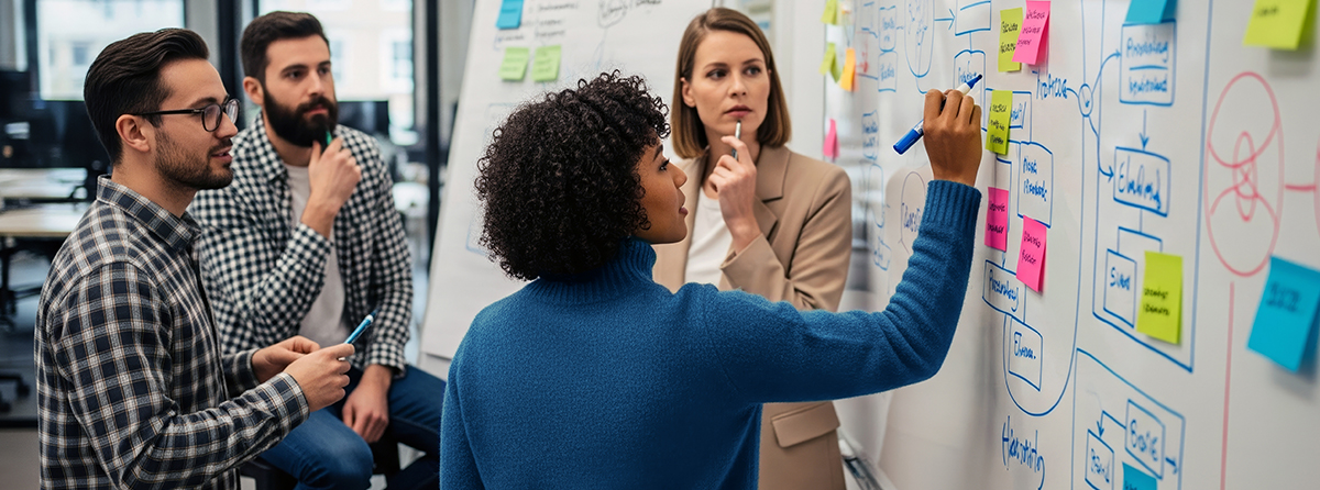 zespół kreatywny, burza mózgów i mapowania strategii na tablicy