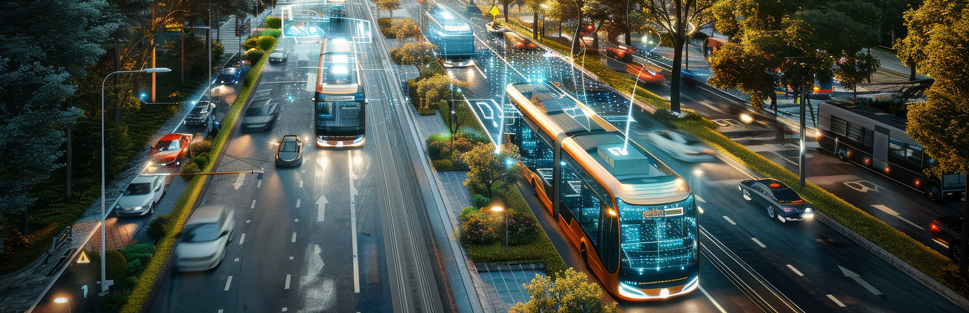Sieć połączonych ze sobą opcji transportu, w tym autonomiczne autobusy, skutery elektryczne i inteligentne systemy ruchu drogowego, fot. DarkinStudio